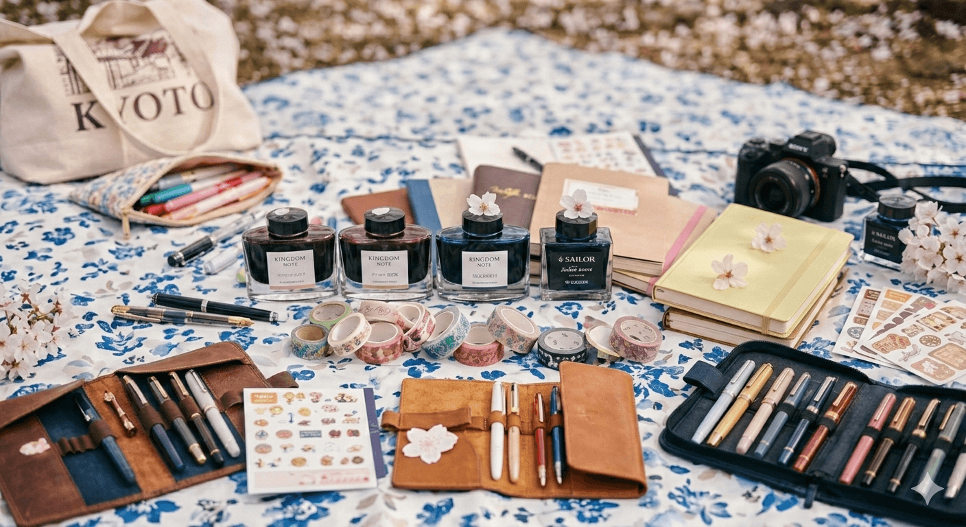 Stationery spread with ink bottles, washi tape, pens, and notebooks at a cherry blossom hanami