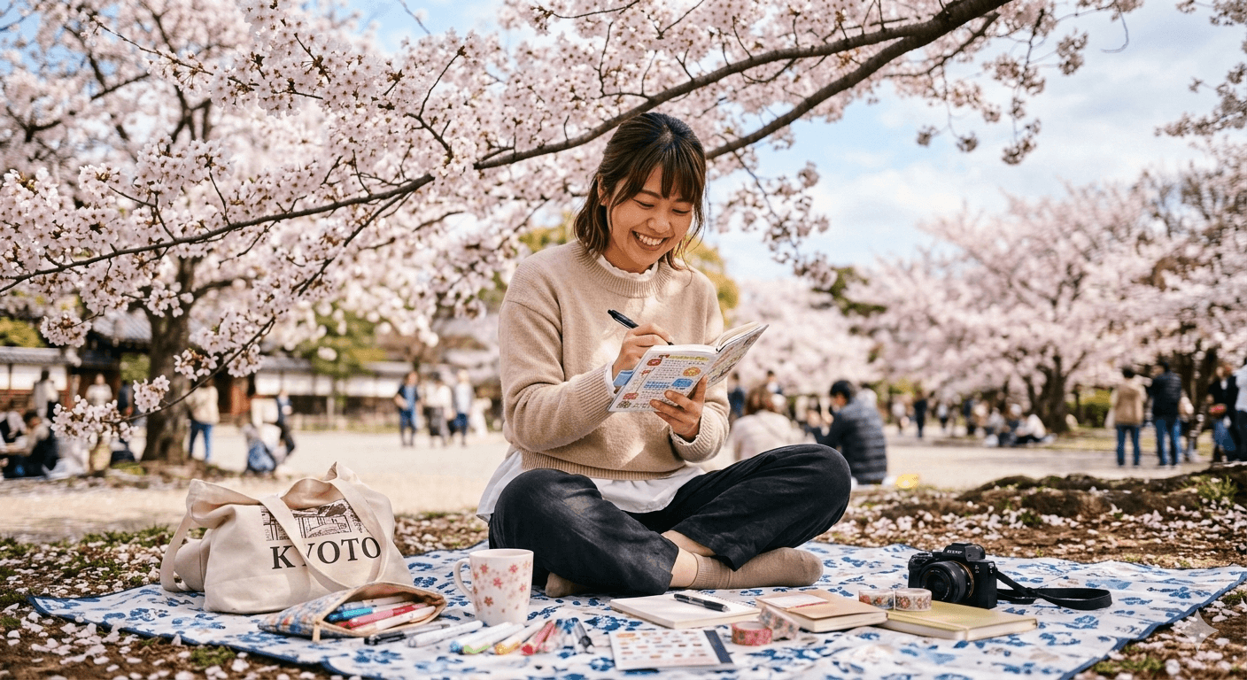 Writing under cherry blossoms in Kyoto with TOKI & TOMO stationery